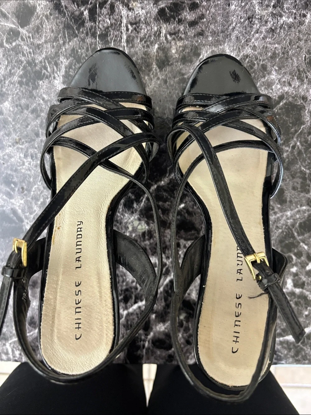 Chinese Laundry Black Patent High Heel Platform Sandals - Womenu
